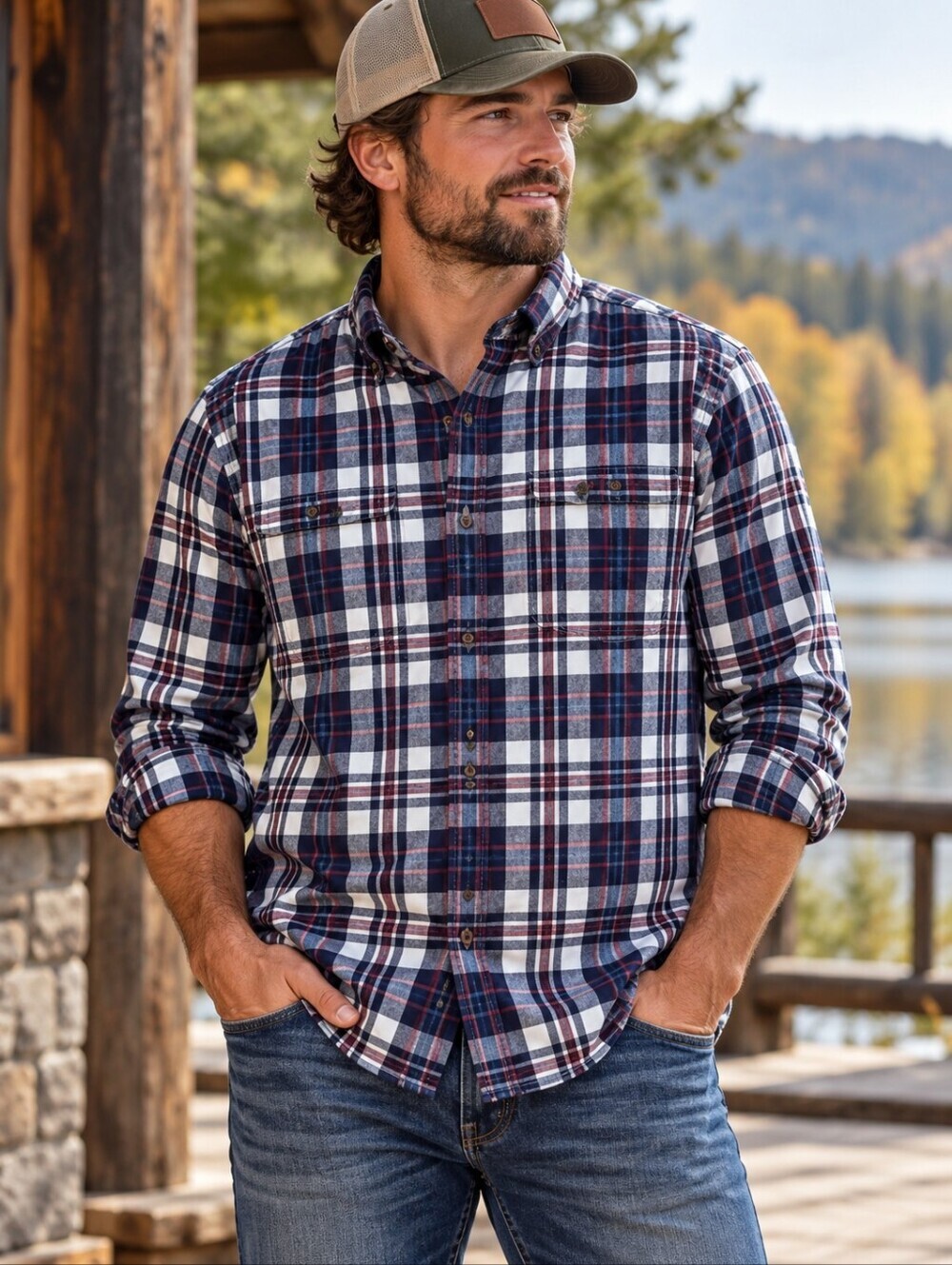 Duluth Trading Co. Men’s Large Flannel Button Down Shirt Slim Fit Plaid Blue Red